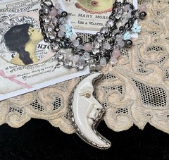 Hand Carved Tibetan Buffalo Bone Flaming Half Moon Pendant Multi Strand Necklace