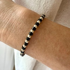Black Onyx & 14K Solid Gold Bracelet, Modern Minimalist Beaded Gemstone Jewelry
