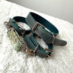 Handmade Genuine Italian Leather Set – Collar & Wrist Bracelets – Emerald Green