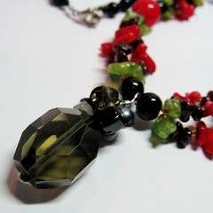 Red Coral Black Onyx Green Prehenite Garnet Quartz Southwest Pendant Necklace