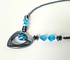 Hematite Heart Shaped Pendant Necklace Blue Crystal Glass Beads Faceted Healing