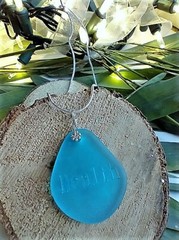Seaglass Engraved Inspirational «HEALTH» Blue Pendant Snake Chain Necklace
