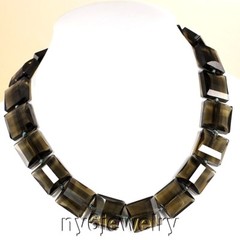 Hand-knotted Smoky Cushion Shaped Crystal Necklace Earring Silver Clasp 17-19″