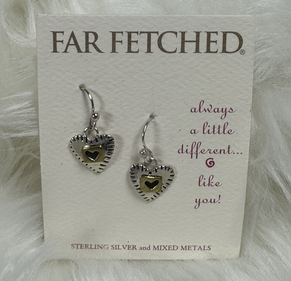 NEW Vintage FAR FETCHED Stitched Heart Earrings .925 Sterling Silver Brass EW192