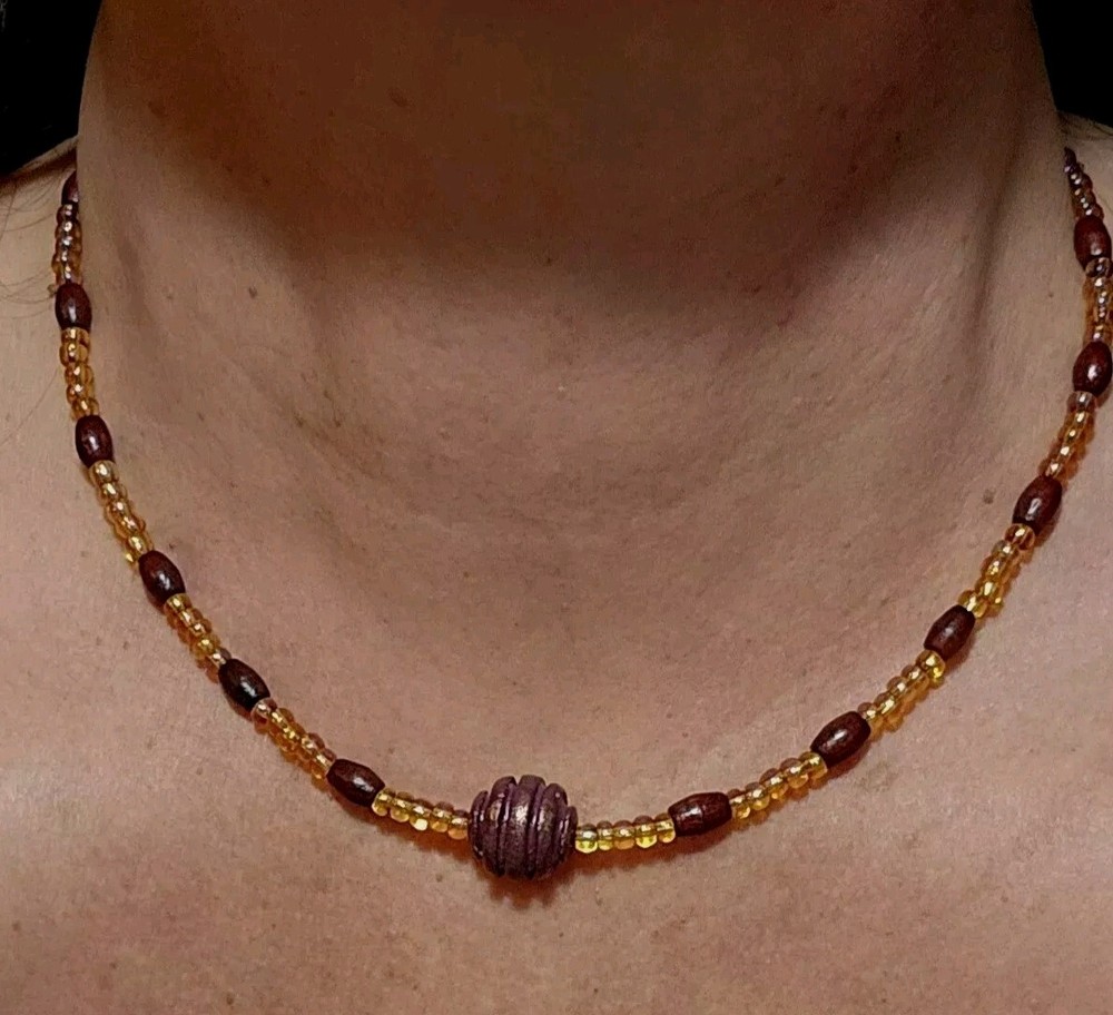 Handmade Womens Brown And Gold Beaded Necklace