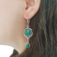 Sterling Silver Eilat King Solomon Stone Yemenite Filigree Square Drop Earrings