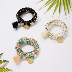 Boho Stackable Beaded Bracelets Set For Women Multilayer Tassel Coin Charm Boho