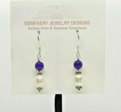 Sterling Silver CULTURED PEARL & AMETHYST Gemstone Earrings #5512…Handmade USA