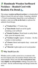 Wooden Surfboard Necklace – 1.75″ Beaded Pendant with Fin Detail, Handmade