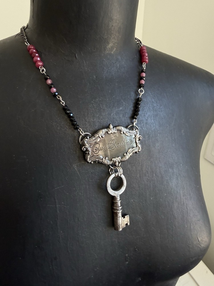 Beaded Necklace antique Key Pendant Victorian mourning jewelry our darling