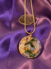 Rose Quartz & Green Moss Resin Pendant Necklace 18K Gold Plated Snake Chain 20in