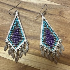 Handcrafted Beaded Teardrop Dangle Earrings Glass Purple Turquoise Gold 2in