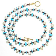 CF127 «First Kiss» Sleeping Beauty Turquoise, Pearl, Garnet & Gold 30″ Necklace