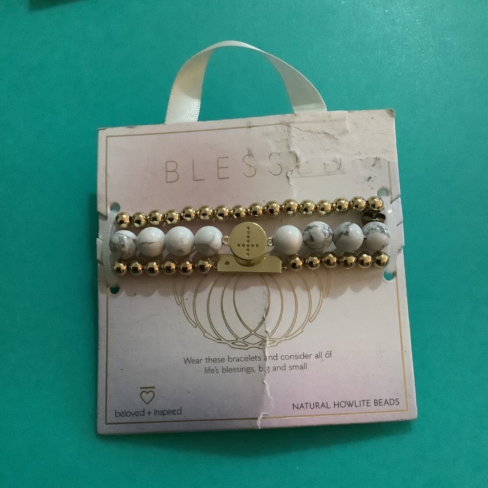 beloved + inspired Blessed Bracelet Set Natural Howlite Beads Gold Cross Stretch