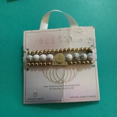 beloved + inspired Blessed Bracelet Set Natural Howlite Beads Gold Cross Stretch