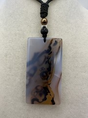Plume Agate Pendant Necklace On Black Adjustable Rope Sterling Silver Hematite
