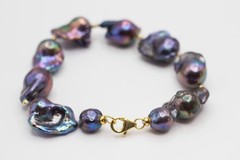 Black Baroque Pearl Bracelet, Handknotted 925 Sterling Silver Gold Plated