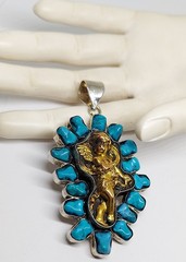 vtg large Turquoise mixed metal Angel Pendant handmade Silver Bronze/Brass OOAK