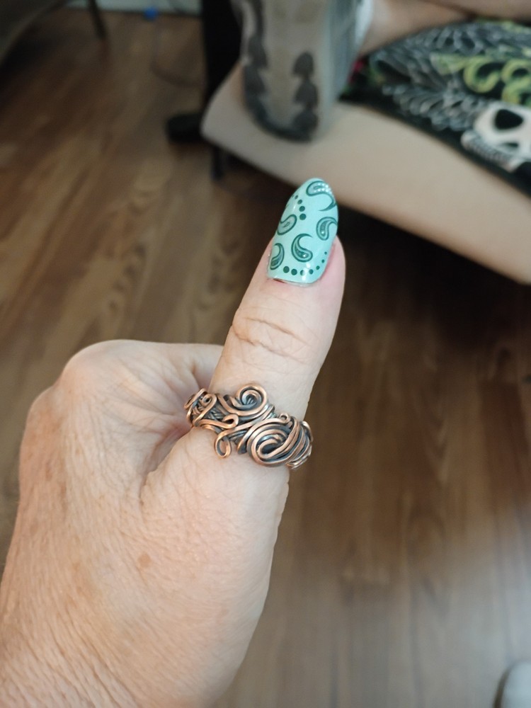 Swirl Copper Wire Wrapped Ring Size 9.50 Handmade Whimsical Bohemian Jewelry