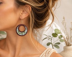 Green Floral Wooden Hoop Earrings, Lightweight Boho Cottagecore Jewelry