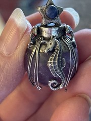 Artisan Signed Amethyst And Sterling Silver 925 Dolphins Seahorse Lapis Pendant