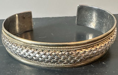 6”, two tone sterling silver 925 woven braided bangle, bracelet brass trims