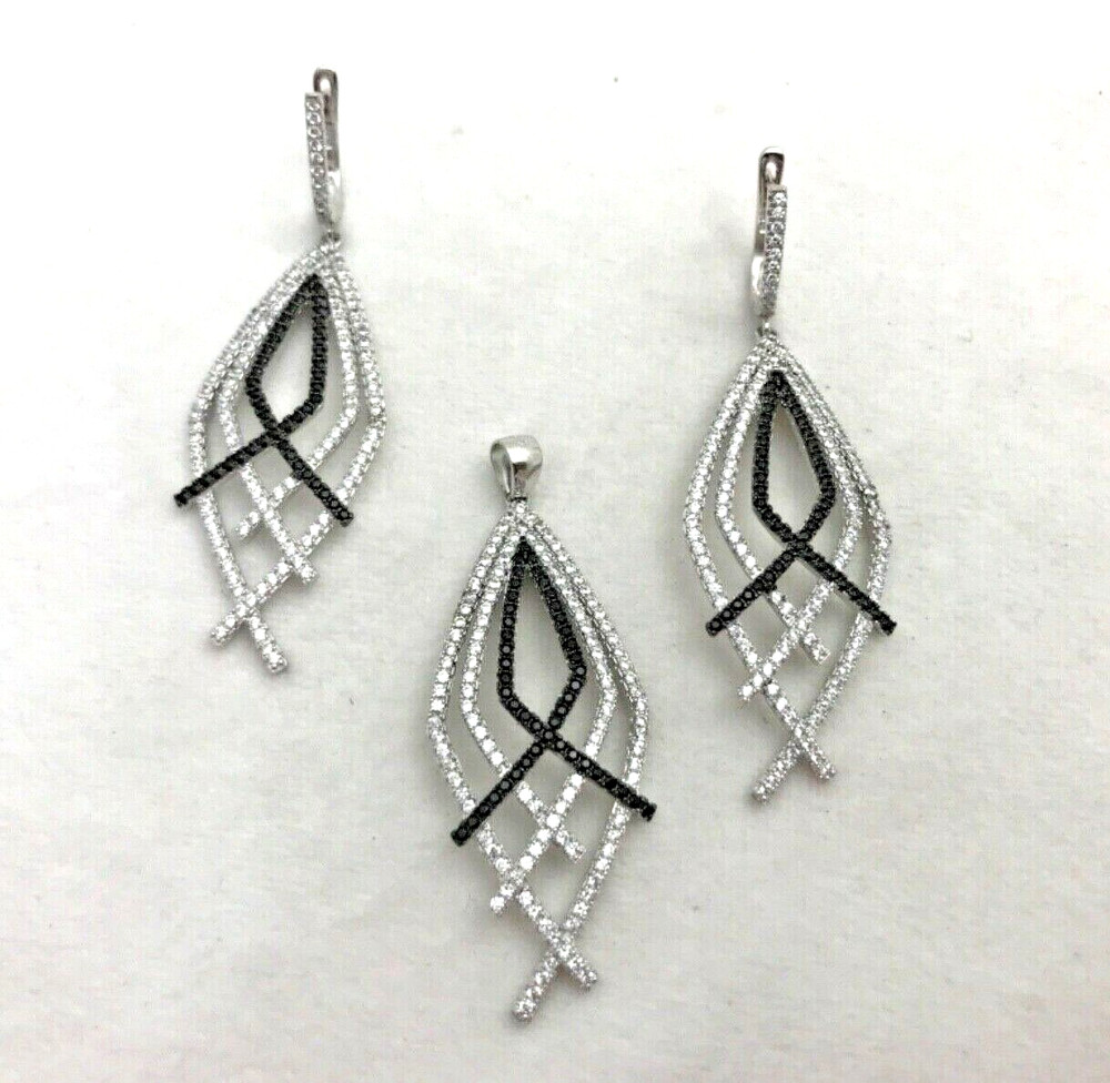 Sterling Silver .925 Black and Clear CZ 1″ x 2 1/2″ Earring Pendant Set