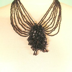 16″ Black Onyx Gemstone Chip Cluster Handmade Seed Bead Bali Necklace