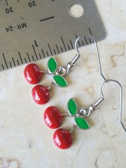 Cherry Earrings Dangle Handmade Bright Red Surgical Steel Small Rockabilly Fun