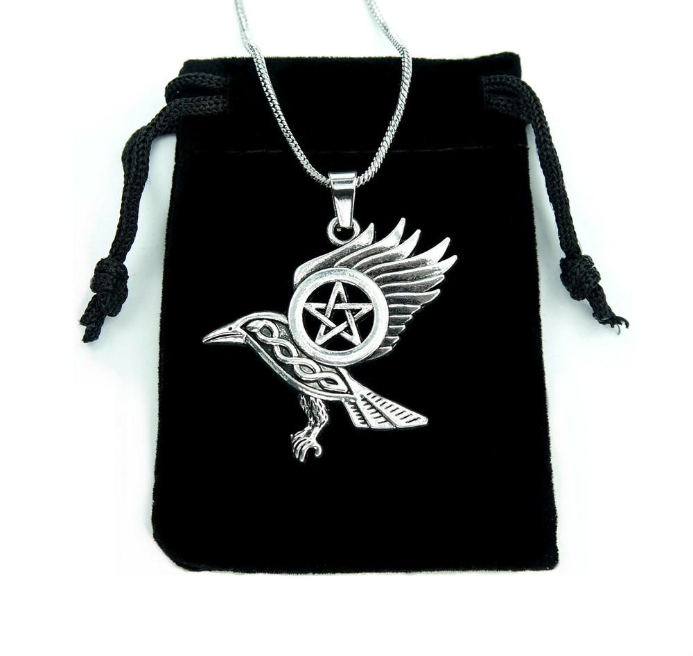 Raven Pentacle Necklace, Wiccan Celtic Crow Charm Pendant Morrigan Pentagram nb