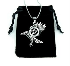 Raven Pentacle Necklace, Wiccan Celtic Crow Charm Pendant Morrigan Pentagram nb