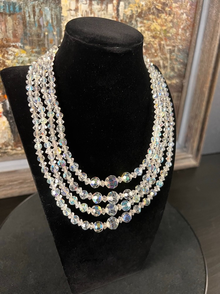 Extravagant Four Strand Glass Crystal Bead Necklace Hook Closure