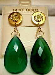 14k Gold Earrings Green Agate Pear Shaped Focal Briolette Gemstone Boho 1.5″ L
