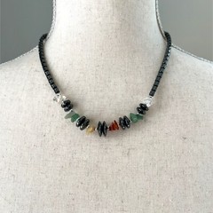 * Beaded Magnetic Hematite, Quartz & Agate Chips 18″ Choker Necklace Unisex
