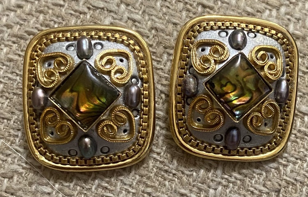 MICHAL GOLAN Signed Gold Tone Gray Pearl Enamel Pierced Earrings