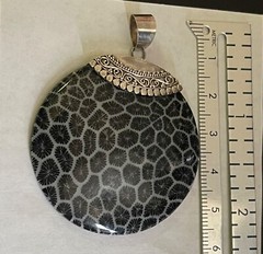 XL Fossilized Round Coral Pendant w Ornate 925 Sterling Silver Bail 58mm x 45mm