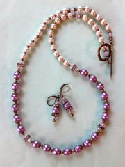 WHITE & LAVENDER GLASS PEARL Faceted Crystal BRONZE necklace set LEVERBACK