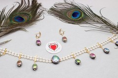 Green Scarab Layered Pearl Collar and Earrings, Egyptian inspired