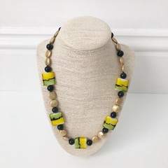 NWT Genuine Murano Glass, Pearls & Black Onyx Beaded Necklace Green Yellow Gold