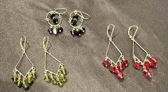 Set of 3 Artist-Made Sterling Silver Earrings -Red,Black&Green Crystal Geometric