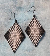 Handcrafted Beaded Diamond Dangle Hook Earrings Black White Gray Bohemian