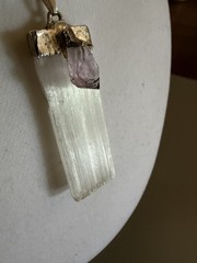 Selenite And Amethyst Gemstone Pendant Silver Chain 15” Necklace
