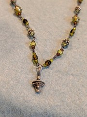 Handmade Lariat Necklace Green Glass Beads Silver Charm