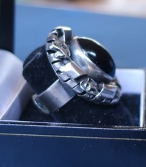 Vintage Brutalist Statement Ring Sterling Silver & Onyx Adjustable Size 13.5 g