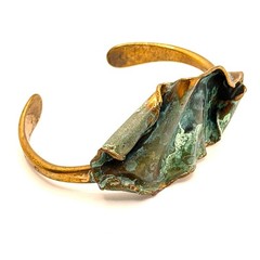 Vintage 70s Brutalist Artisanal Copper Verdigris Patina Sculptural Cuff Bracelet