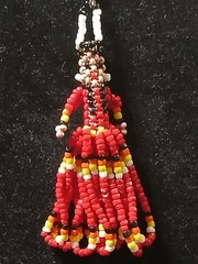 Handmade First Nation Woman Earrings With White Red Black And Yellow Seedbeads