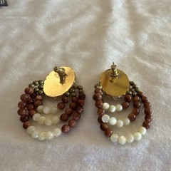 Mother of Pearl Beaded Dangle Earrings Brass Brown White Gold Screw Back Oval