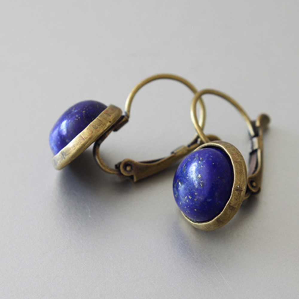 Lapis Lazuli Cabochons Antique Brass Leverback Earrings