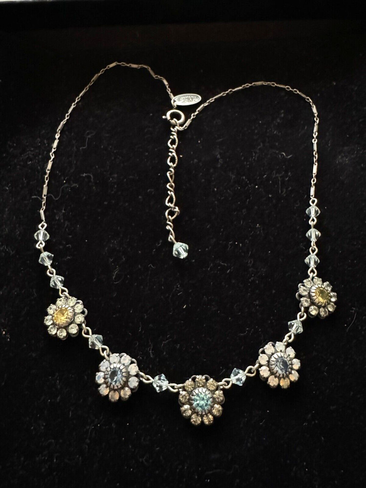 LIZ PALACIOS SF Yellow Blue White/Clear Swarovski Crystal Flower Necklace 17.5″