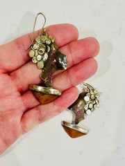 Artisan Sculptural Face Earrings Mixed Metal Silver & Copper with Amber Drop